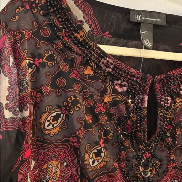 INC Black and Red Patterned beaded Blouse Sz XL - Picture 4 of 5